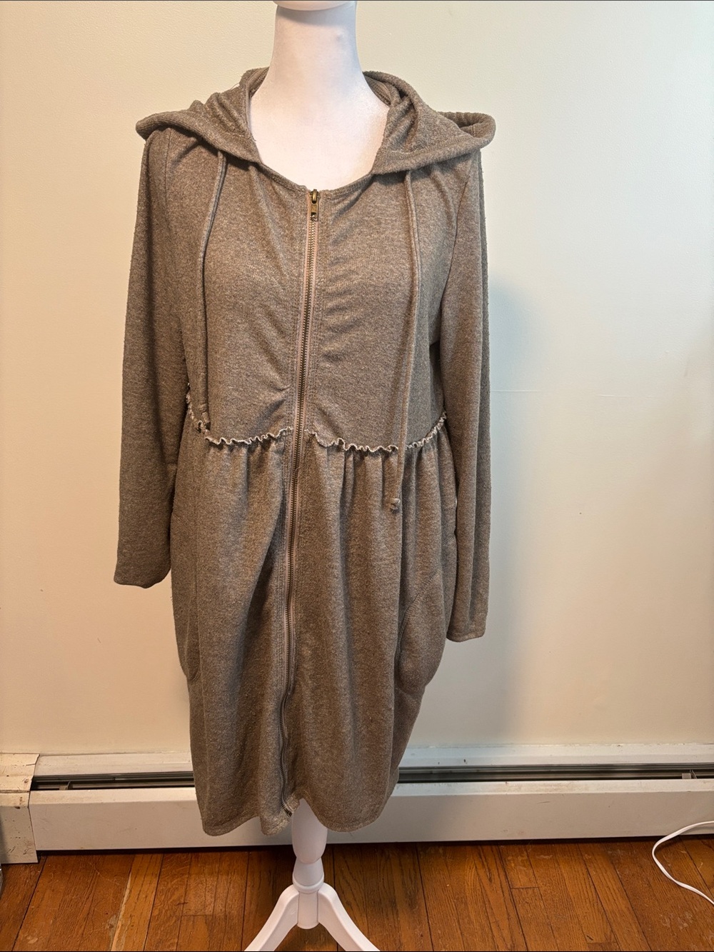 easel Taupe Hooded Zip Front Long Cardigan Sweater